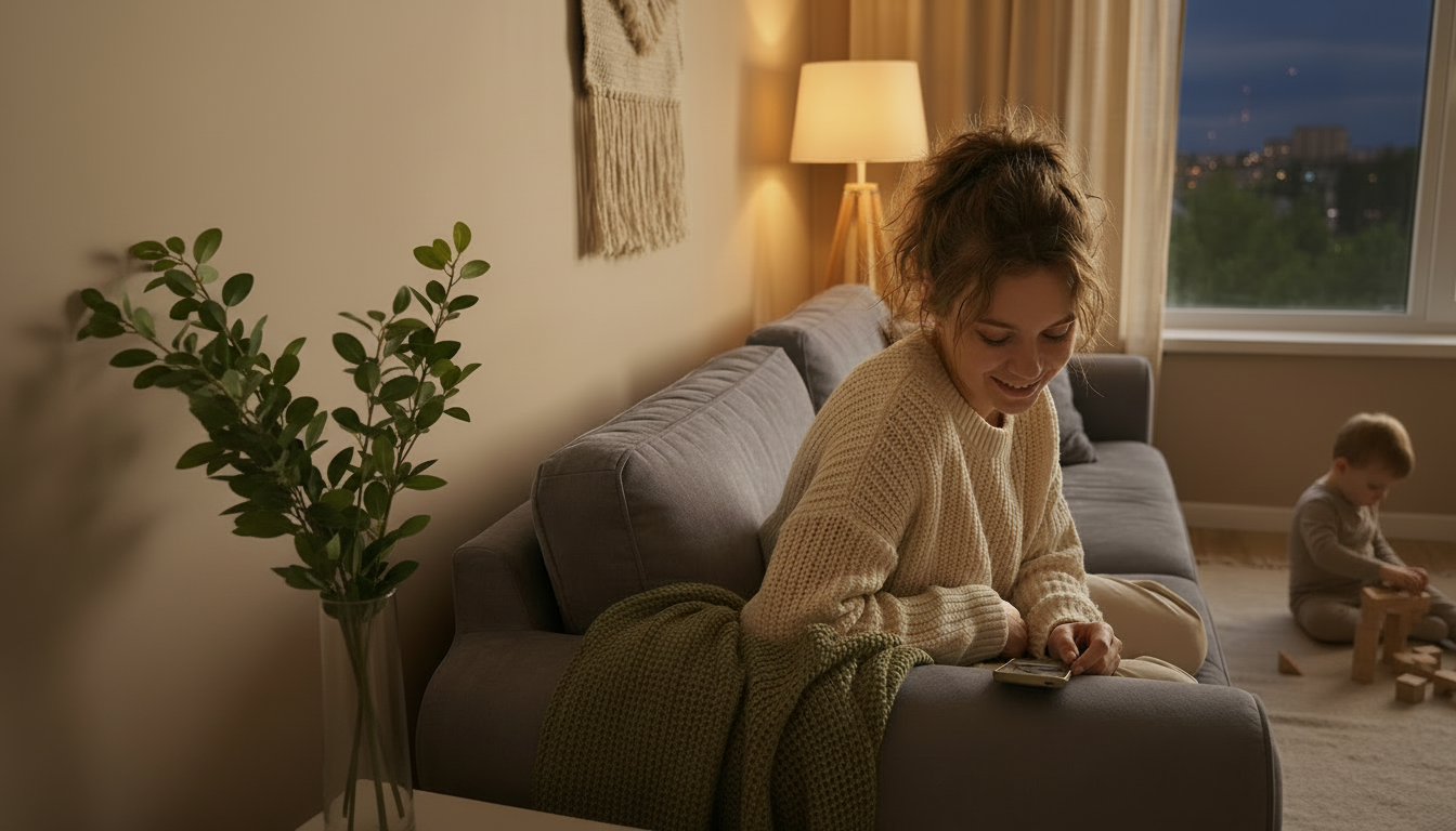 Woman using telehealth on a mobile device at home in the evening