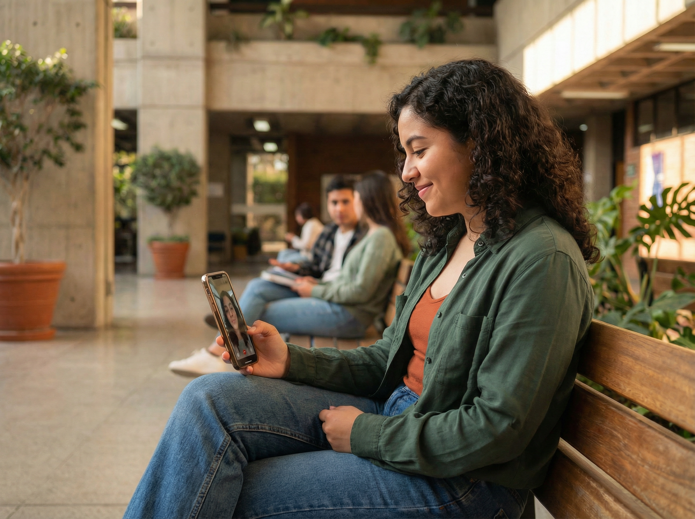 Woman smiling while using the TeleMyCare app on her phone in a bright lobby