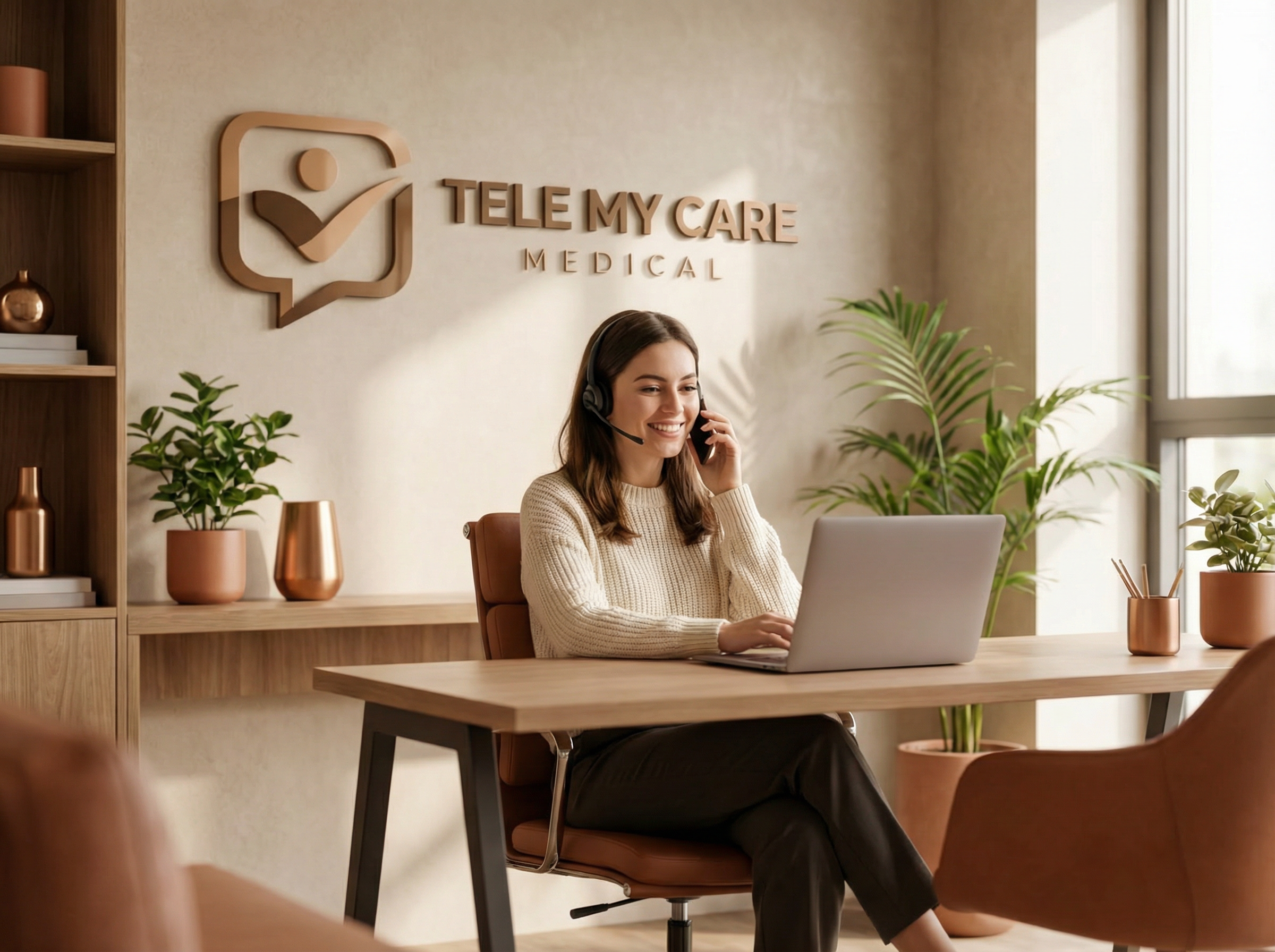 TeleMyCare team member at a welcoming front desk with company branding