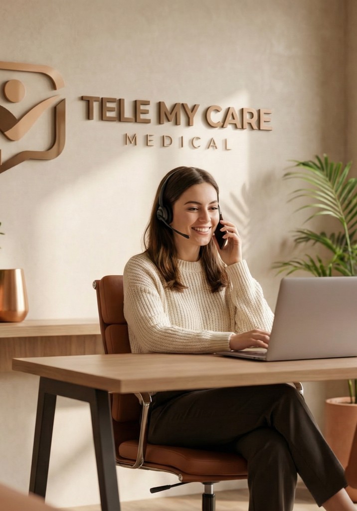 TeleMyCare team member at a welcoming front desk with company branding